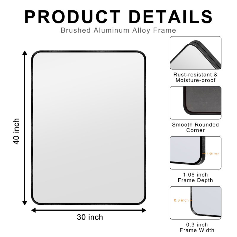 Bathroom Mirror, Brushed Aluminum Alloy Frame Vanity Rounded Rectangle Wall Mirror For Bedroom, Living Room, Hanging Or Leaning Horizontal Or Vertical