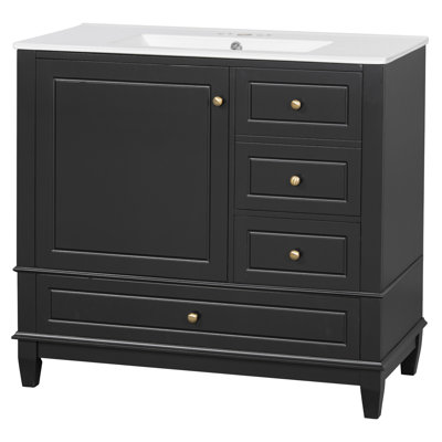 Meuble-lavabo de 36 po avec lavabo en céramique, panneau de fibres à densité moyenne et base en bois massif, 3 tiroirs et armoire avec tablettes, finition peinte en noir, meuble-lavabo autoportant avec trous de robinet de 4 pouces