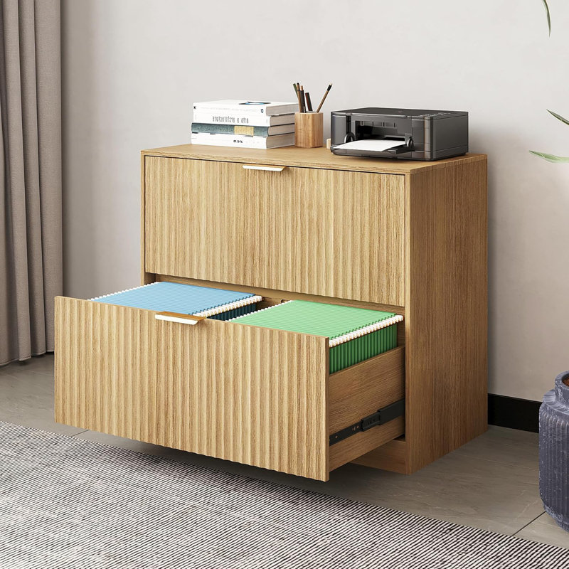 Double Drawer Horizontal File Cabinet,Modern Wood Fluted Home Office File Cabinet Printer Stand With Three-Level Adjustable Hanging Rails For Legal/Letter/A4 Size Documents