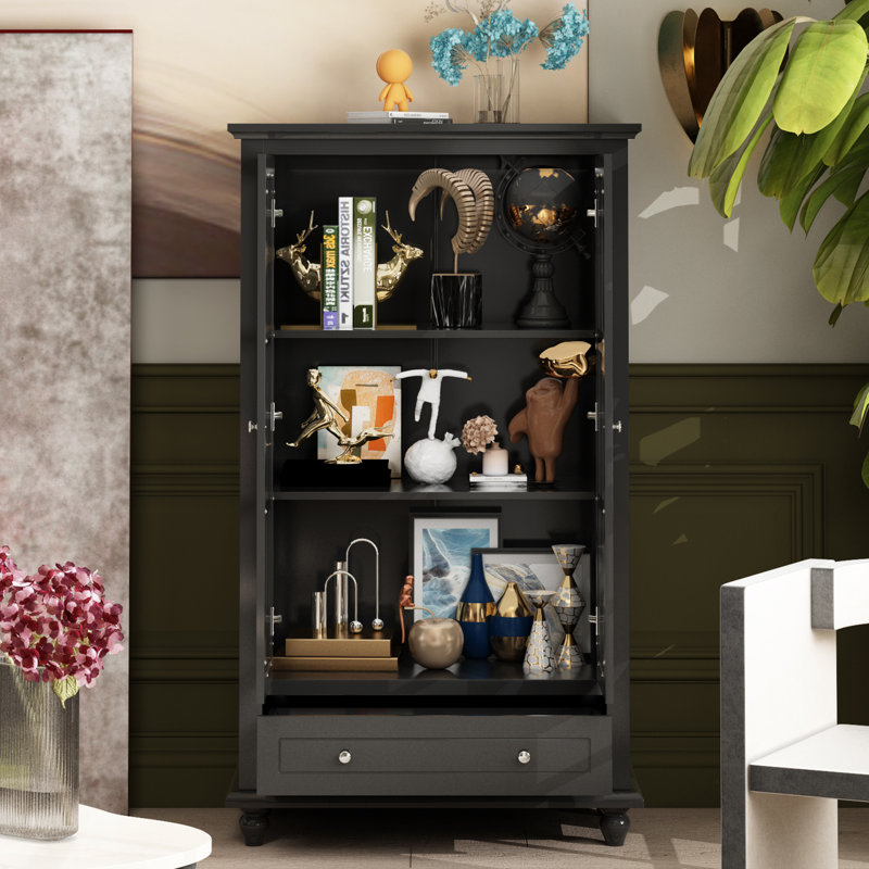 Elzadie 55.1'' H X 31.5'' W X 15.7'' D Glass Door Storage Bookcase, Black