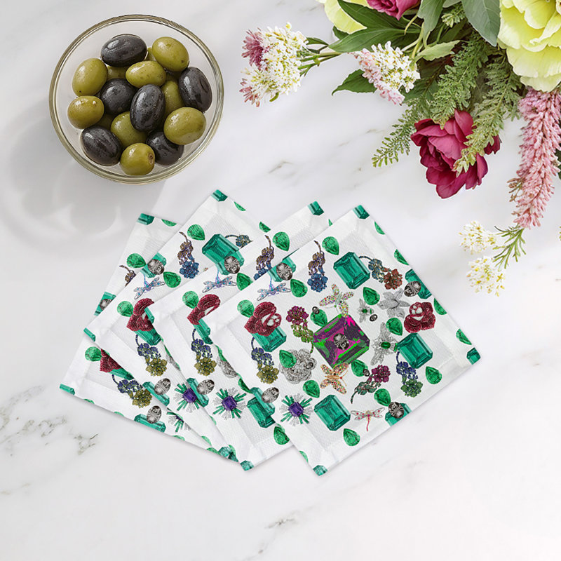 Jewel Box Emeralds Cotton Sateen Cocktail Napkins, White