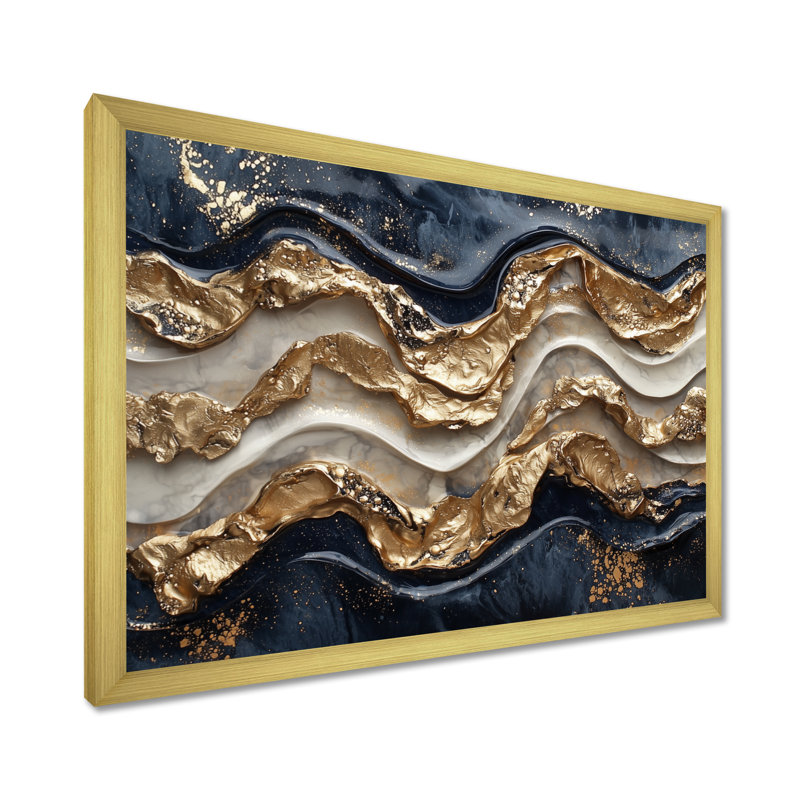 Norreta Golden Eclipse On Marble Dancing Waves IV - Art mural réaliste pour salon, Cadre simple, H 12 po x l 20 po, Doré