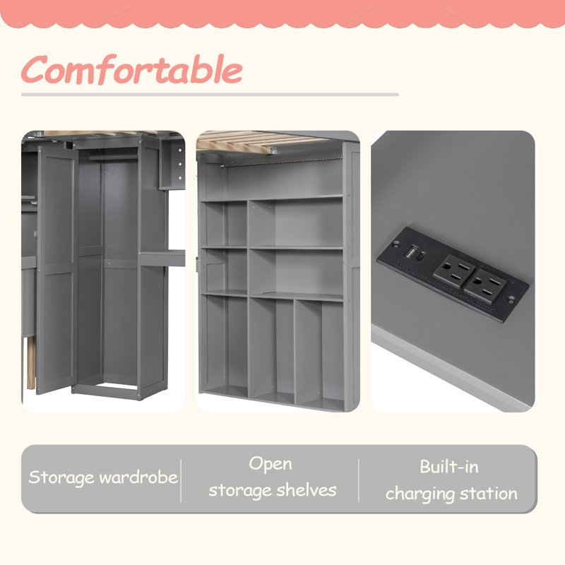Full Loft Bed Frame With Built-In Wardrobe, Study Desk, Storage Shelves，Lights, Space-Saving Design For Bedroom, Gray