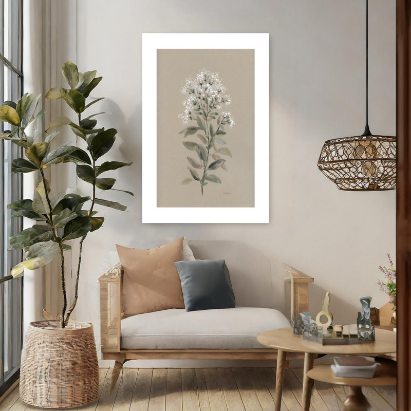 «White Floral Stem I Delicate Elegant Minimalist Nature Plant», art mural, H 48 po x l 32 po
