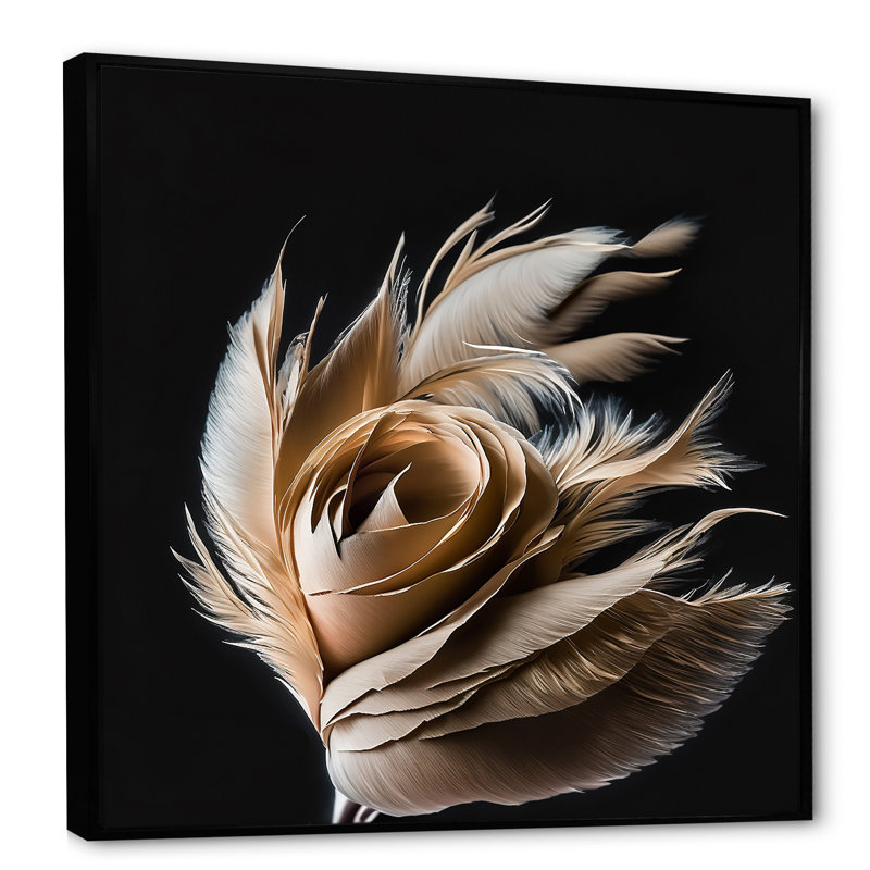 «Pink Feather Rose on Black II», reproduction sur toile, H 30 po x l 30 po x P 1 po, Cadre flottant noir