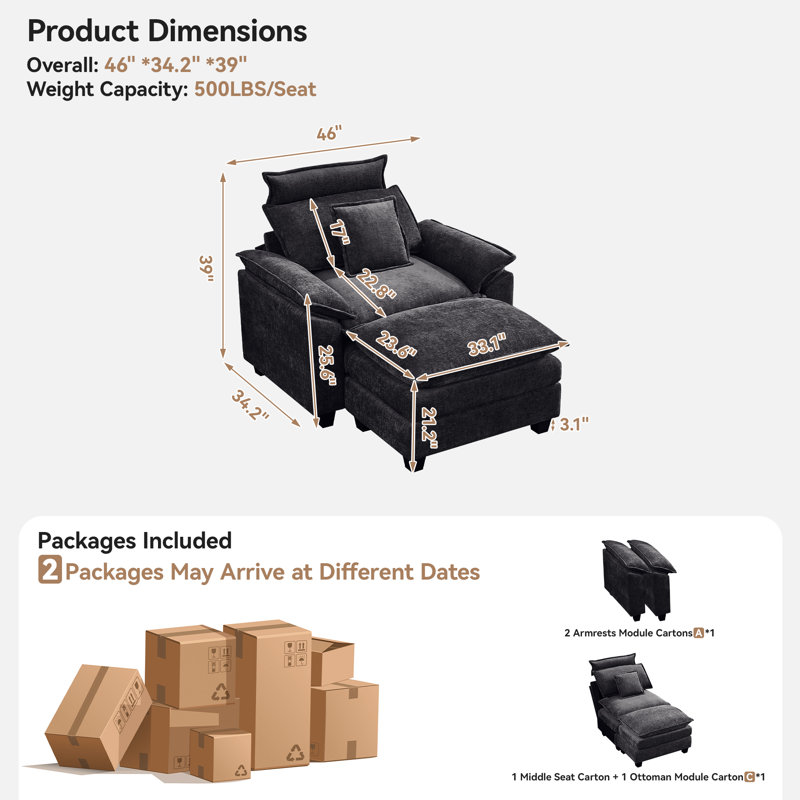 46" W Cloud Oversized Chenille Armchair with Ottoman, Black