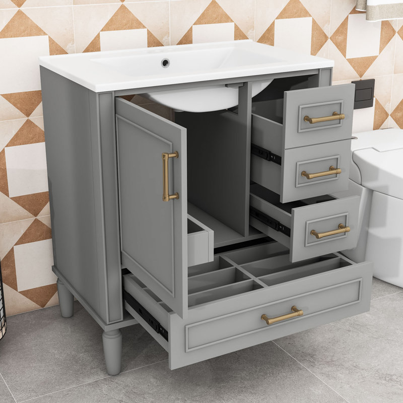 Meuble-lavabo simple autoportant en bois Genett avec grand rangement et lavabo en céramique, Gris