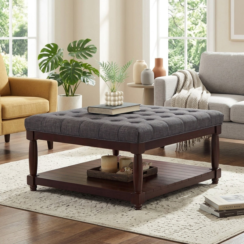 Table basse ottomane capitonnée classique FFZ 33,5 po avec étagère en bois massif, lin gris foncé