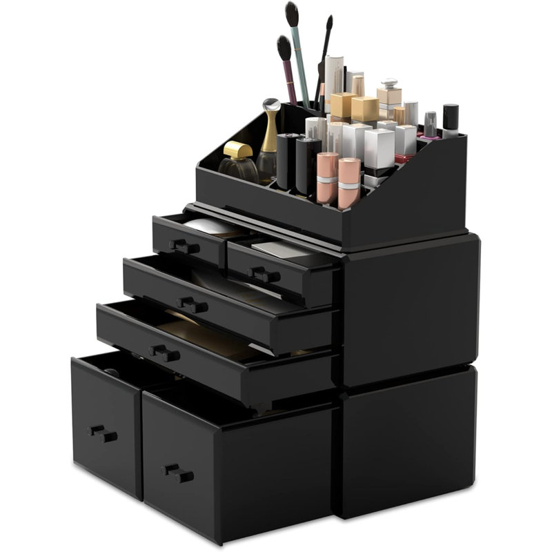 Étui de rangement pour maquillage 3 pièces avec 6 tiroirs (noir)