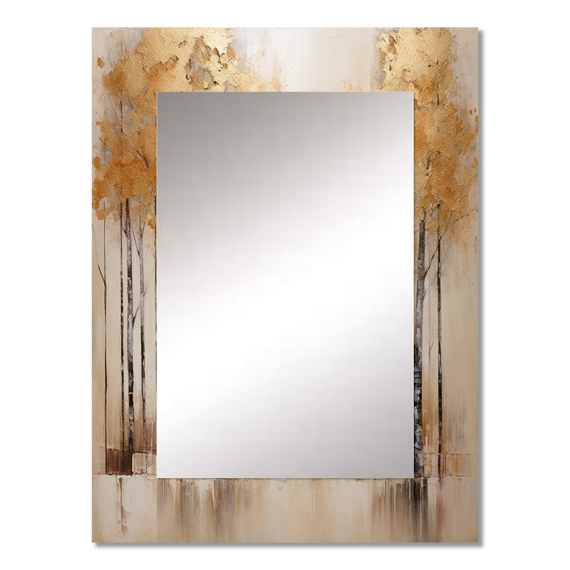 Minimalism Beige And Gold Forest - Forest Decorative Wall Mirror, Traditional Mirror, Printed Metal Art, 32" x 24"