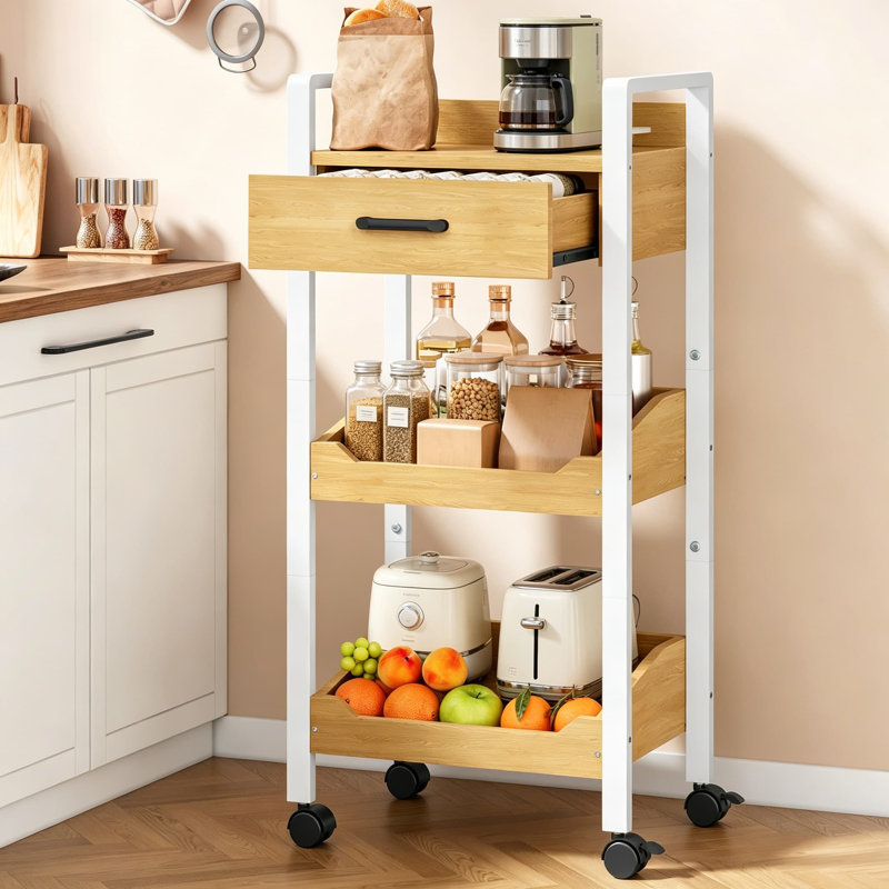 Chariot de rangement à 3 niveaux avec tiroir, chariot mobile sur roulettes, organisateur de cuisine à cadre en métal avec tiroir en bois et poignées latérales, tablette de rangement mince pour petits espaces, bureau, salle de bain, chêne beige