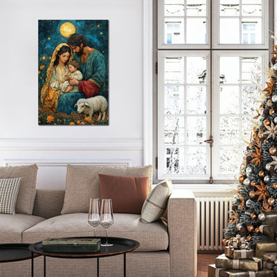 Large Nativity Scene Canvas Wall Art Holy Family Mary Joseph Jesus Birth Painting, Spiritual Night Sky Poster, Framed Canvas Prints Christian Home Decor, Ready To Hang Picture Artwork for Room, 24×32 Inches