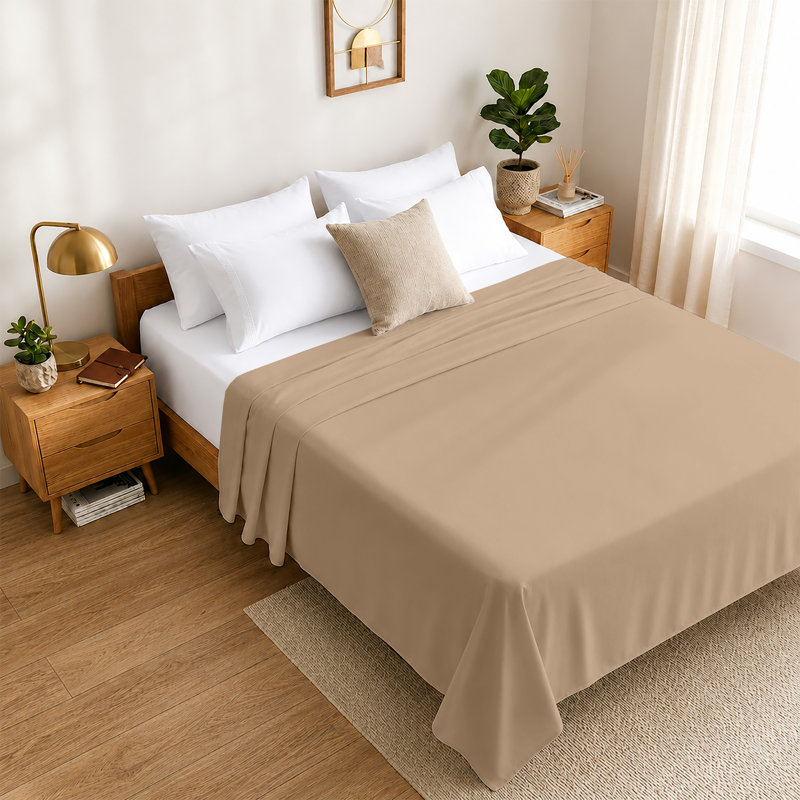 Luxury Soft Microfiber 140 Thread Count Flat Sheet Easy Care Breathable Bedding Sheet, Super King (6'), BEIGE