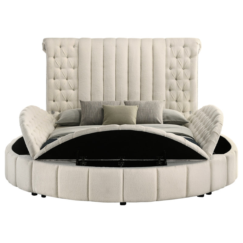 Grand lit rembourré avec rangement, boutons décoratifs en acrylique, charge, capitonnage de style chambre à coucher moderne, caractéristique dramatique