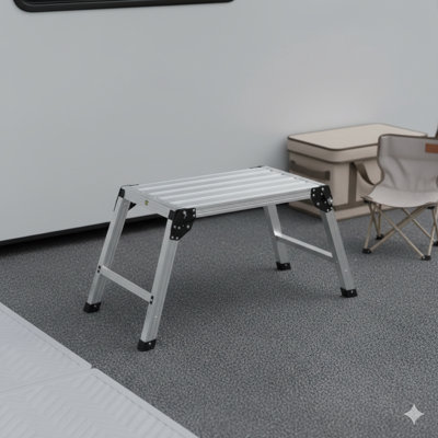 Folding Work Platform Serving As Aluminum Drywall Stool Ladder, Work Bench With 330-Pound Load Capacity, Heavy-Duty Construction With Non-Slip Feet, Ideal For Washing Vehicles, Cleaning Activities, Painting Jobs, And Decorating Applications.