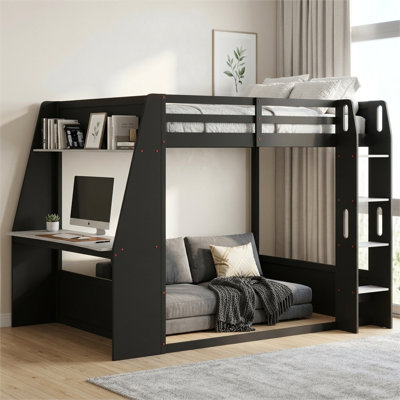 Lit superposé en bois avec bureau intégré, lumières DEL et port USB, tablettes de rangement et gestion des câbles, double et grand