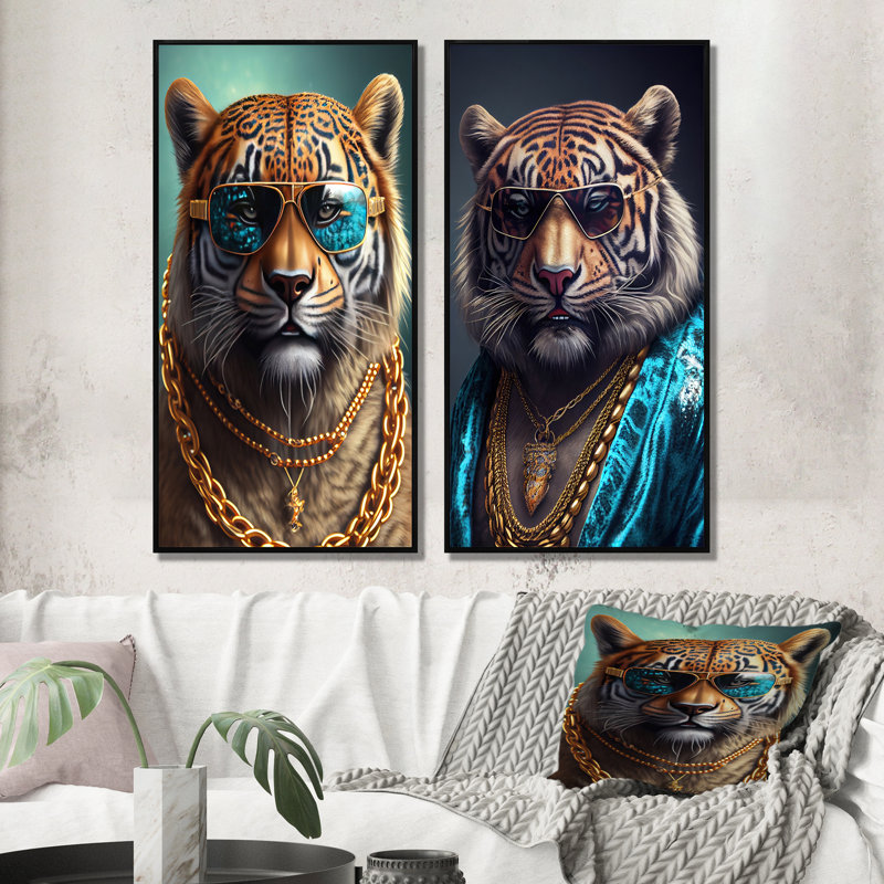 «Tiger Gambler», 2 pièces sur toile, Cadre noir, H 40 po x l 40 po