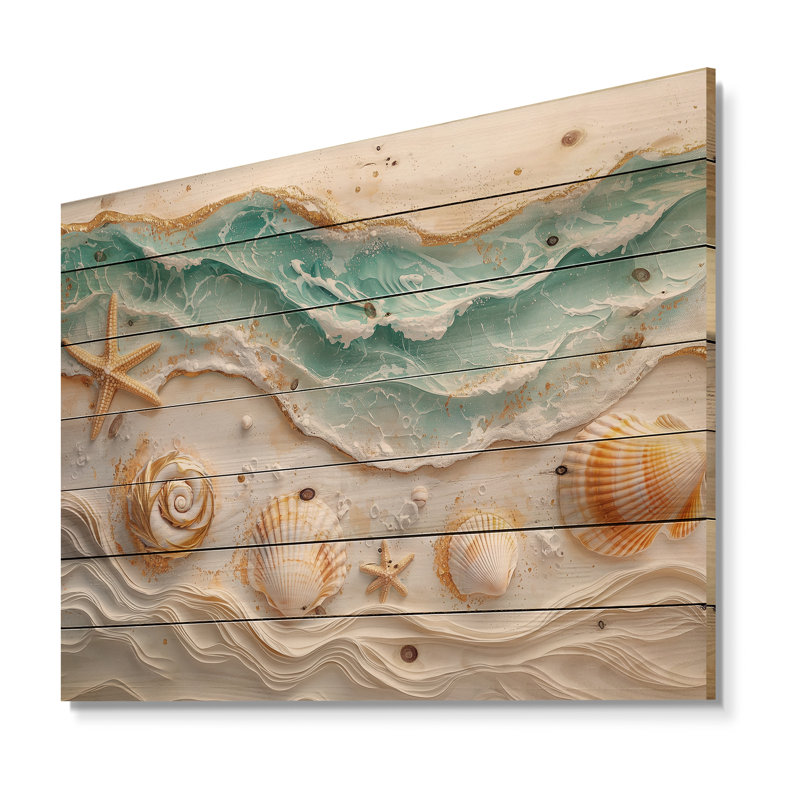 Coquillage et paysage de plage marbré I - décoration murale en bois côtier - sur bois de pin naturel