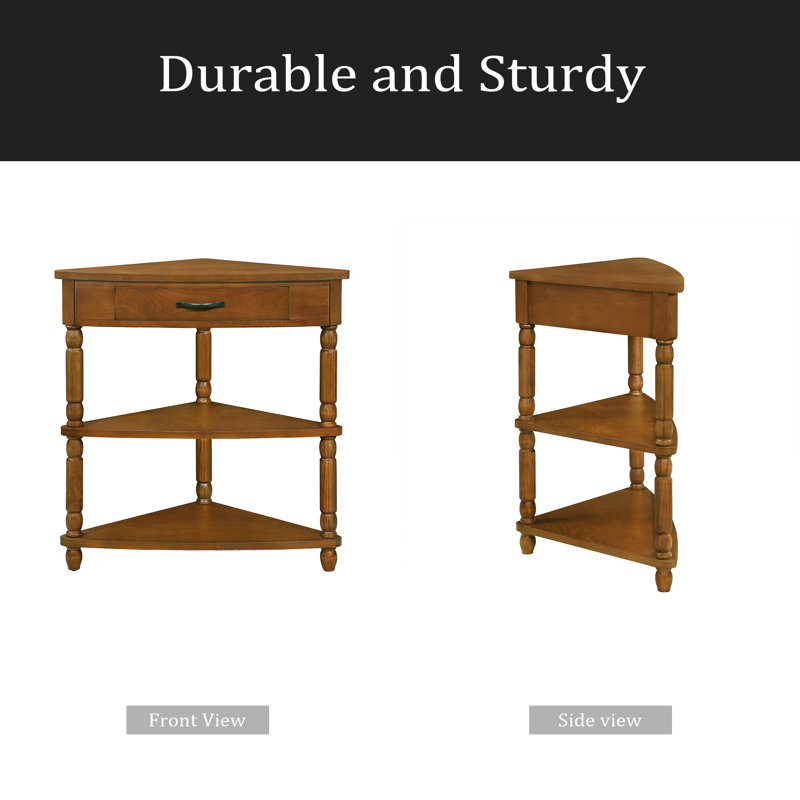 33.8'' Small Triangle Corner Table, Wood Corner Side Table For Small Spaces/ Living Room, 3 Tier End Corner Table With Solid Wood Legs