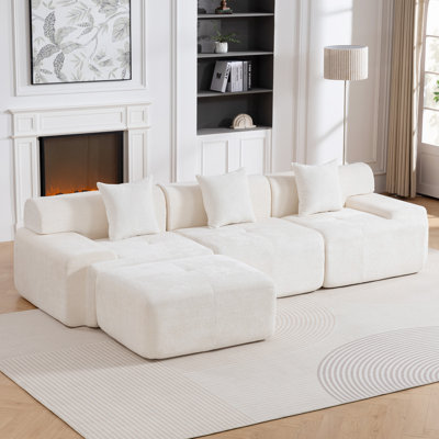 Boneless 3 Seater L-shaped Chenille Boneless Modular Sectional Sofa with Ottoman