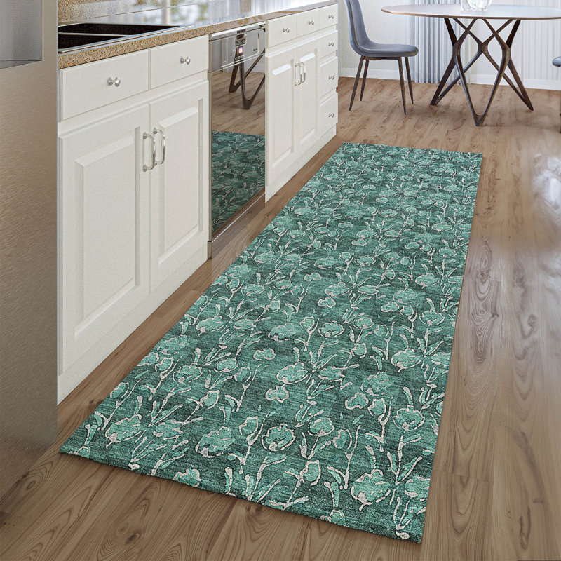 Tapis bleu sarcelle lavable à la machine Premium Prisco, Tapis de couloir 2 pi 3 po x 7 pi 6 po