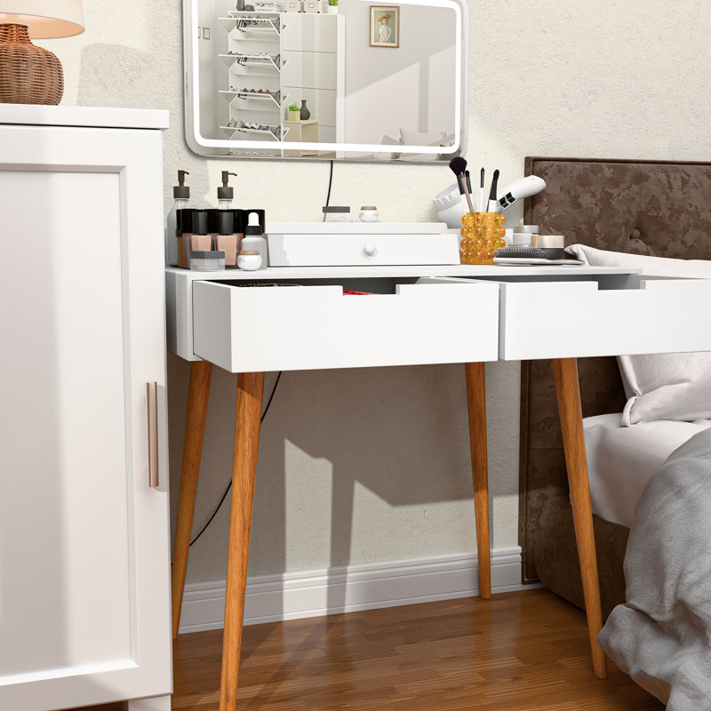 Coiffeuse pour chambre à coucher en blanc avec éclairage à intensité variable 3 couleurs, miroir amovible de 3Mm Hd et tablettes ouvertes pour les petites lumières de maquillage pour meuble-lavabo, espaces de rangement amovibles à 2 tiroirs