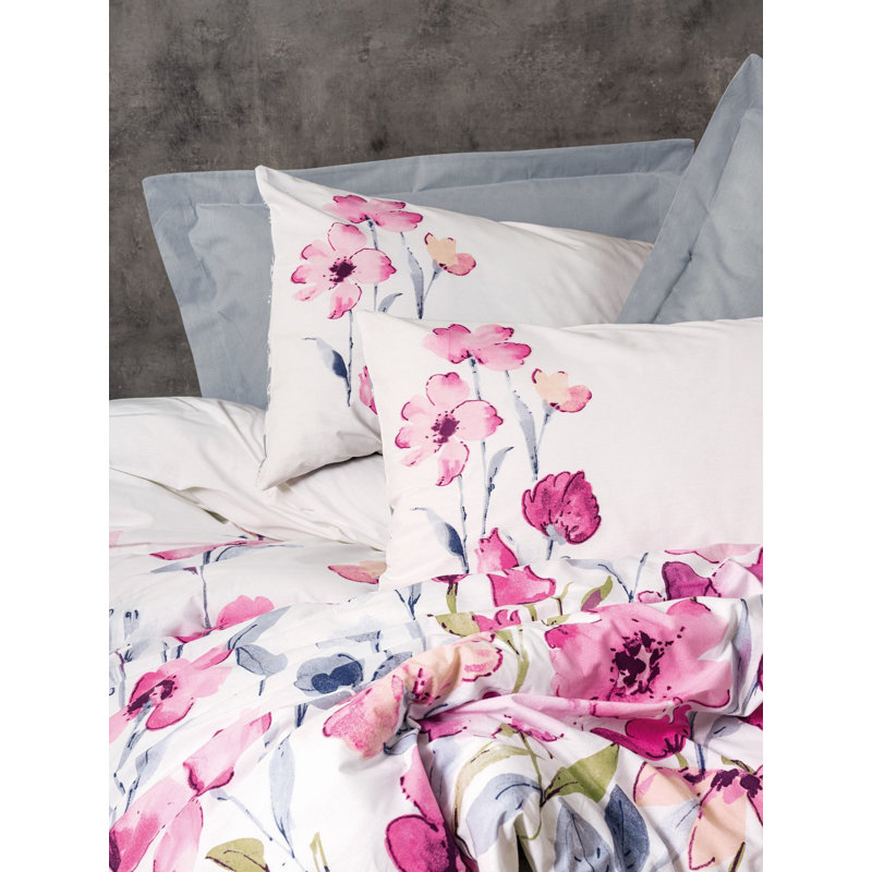 Soft 100% Cotton Ranforce Single Quilt Cover Set, Grey & White with Pink Accents, 55.1 x 78.7 inches | 145 Thread Count, Machine Washable | Envelope & Button Closure, Stylish & Comfortable Bedding for Any Room