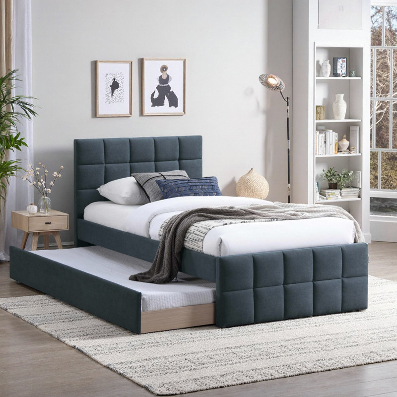 Lit gigogne simple avec tête et pied de lit rembourrés, lin gris anthracite - Mobilier de chambre à coucher moderne et peu encombrant