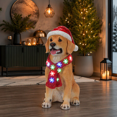 Figurine de chiot père Noël illuminé avec écharpe DEL