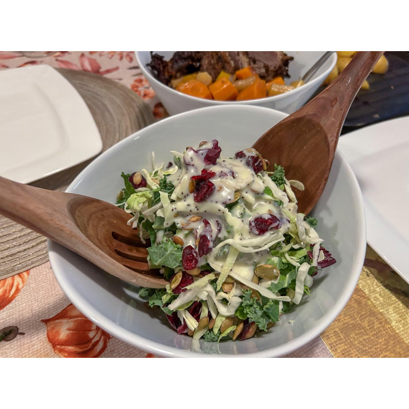 Ensemble de service à salade en bois, cuillère à salade 10,2 pouces et fourchette avec trous de suspension