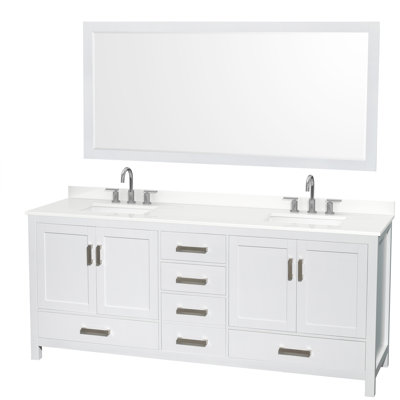 Ensemble de meuble-lavabo double autoportant 80 po avec plateau en quartz Sheffield et miroir 70 po