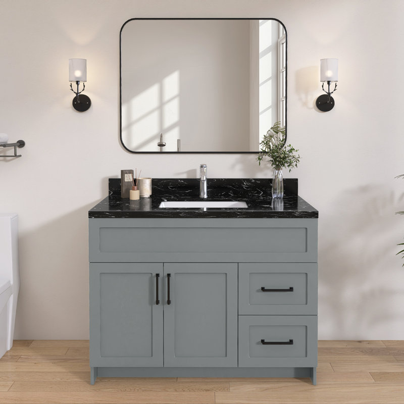 Comptoir de meuble-lavabo en pierre reconstituée l 42 po x P 22 po avec lavabo intégré et dosseret de 4 po, comptoir de salle de bain en marbre noir avec trou de robinet simple