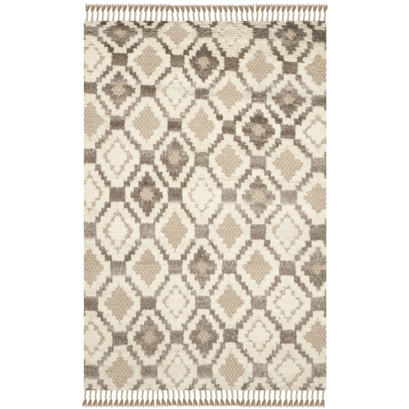 Tapis géométrique en laine / coton noué à la main Alimatou ivoire / brun / beige, Rectangle 9 pi x 12 pi