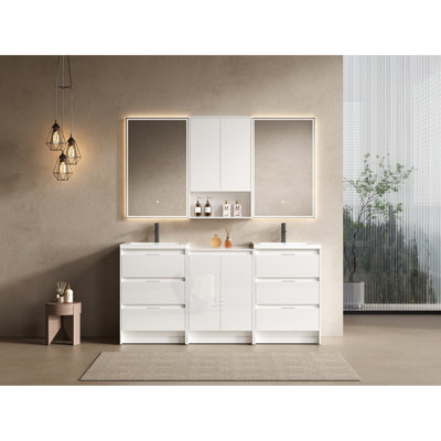 Meuble-lavabo autoportant en contreplaqué blanc brillant 72 po avec lavabo en résine, armoires de rangement et murales, fonction de fermeture en douceur pour un mécanisme de conception intelligente