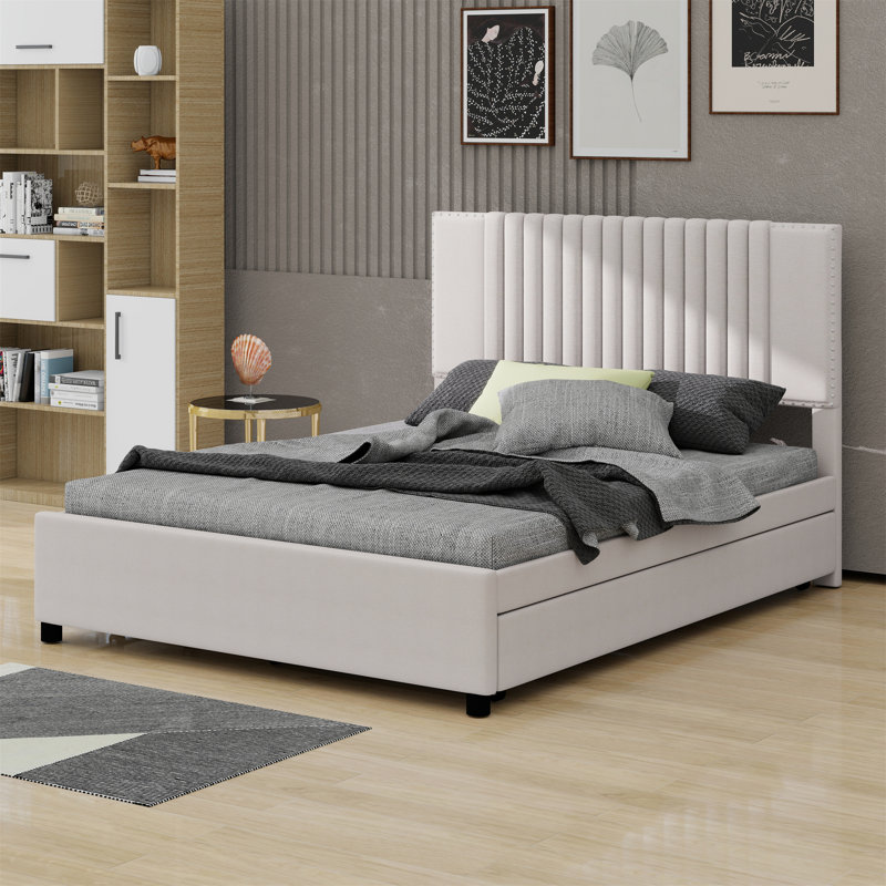 Lit plateforme tapissier avec 2 tiroirs et lit gigogne, tête de lit classique, Beige, Double