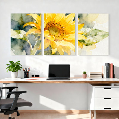 Tournesol aquarelle sur toile, ensemble de 3 reproductions d'art sur toile