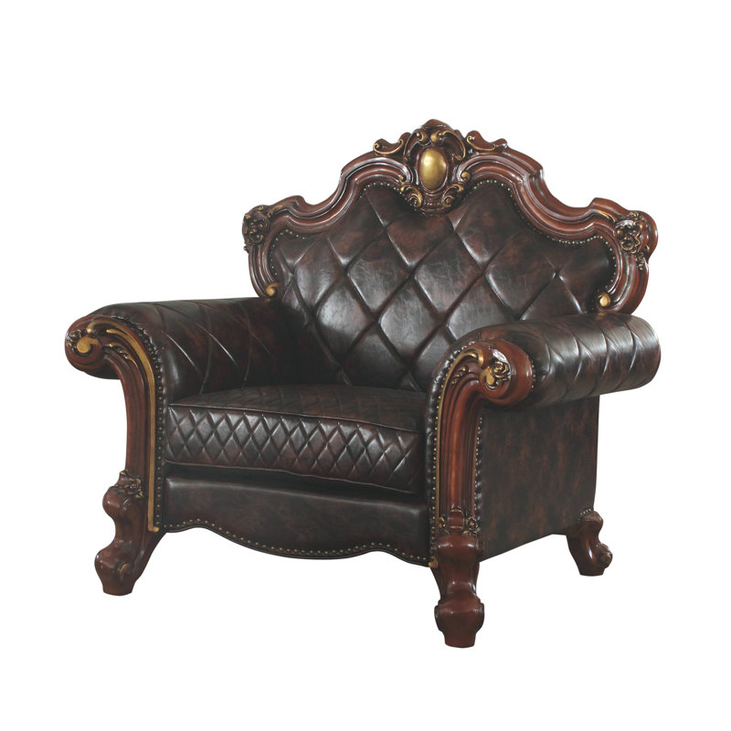Chaise rembourrée picard et perle antique, Simili cuir brun foncé, Chêne miel