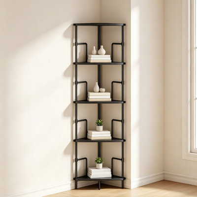 Étagère d'angle à 5 niveaux avec structure métallique, bibliothèque d'angle de style industriel pour salon, chambre et bureau, présentoir étroit, tablette de rangement peu encombrante, noire