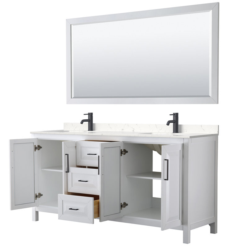 Daria 72'' Double Bathroom Vanity with Carrara Marble Top, White, Carrara Cultured Marble, Matte Black
