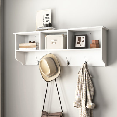 White Wooden Coat Rack With 4 Dual Hooks And Compact Storage Shelf For Home Entry