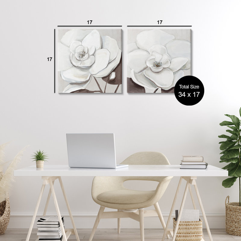 Ensemble de 2 toiles blanches élégantes Blooms, design par Hannah Dawson, H 17 po x l 17 po