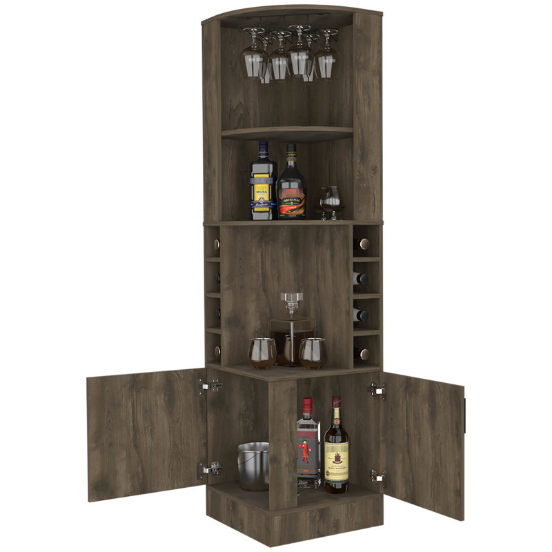 2-Shelf Dark Brown Bar Cabinet, Accommodates And Displays 8 Bottles 8 Cabinet In Brown, Featuring Ample Concealed Storage