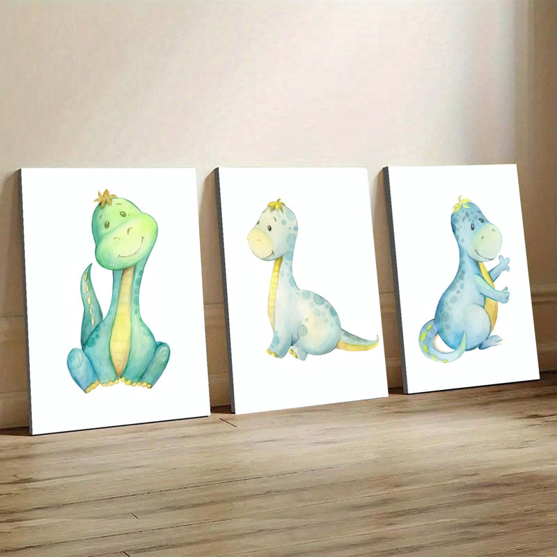 Ensemble de 3 affiches encadrées, aquarelles de dinosaures sur toile, décoration pour chambre d'enfant, chambre de bébé, chambre de garçon ou de fille, peinture d'animaux de dessin animé, décoration moderne pour salle de jeux ou salon.