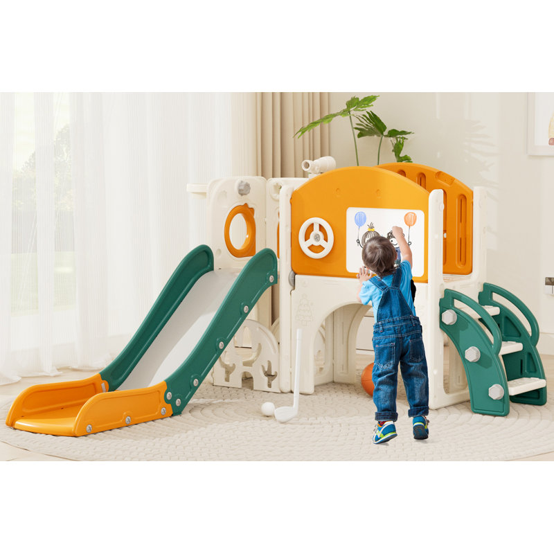 8-In-1 Toddler Slide With Climber Toy Golf Drawing Board For Baby Age 1-3 Indoor Outdoor Playset, Yellow & Green