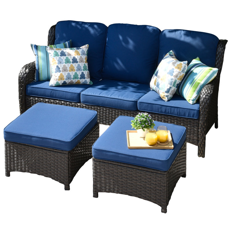 Gretna Premium All-Weather Wicker 3 - Person Patio Conversation Set with Cushions, Brown Frame/Navy Blue Cushion