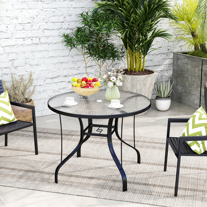 Table bistro 38 po avec trou pour parasol, table de bistro pour l'extérieur, cadre en verre trempé, pour terrasse, jardin, balcon, pelouse, piscine, noir