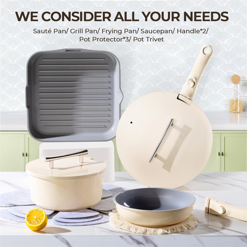 Cream Aluminum Non-Stick 12-Piece Cookware Set with Detachable Handle
