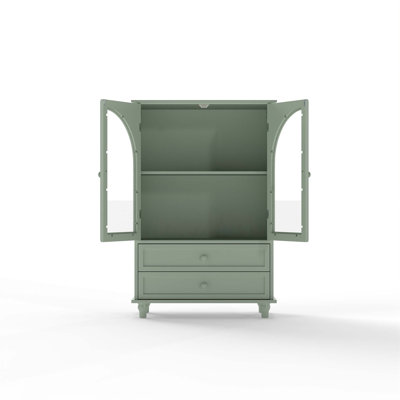 Mint Green Farmhouse Storage Cabinet, Arched Tempered Glass Door with Tiered Top, 2-Drawer Buffet for Kitchen and Living Room