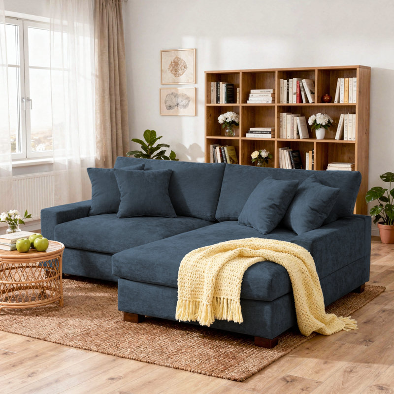 2 - Piece Upholstered Blue Chenille Modular Sectional Sofa with Armrests & Throw Pillows, Right Hand Facing, Blue Chenille
