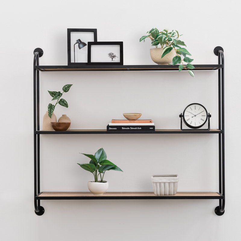 Emery Wood & Metal 3 Tier Wall Shelf, Gold, 34" H x 38" W x 8" D